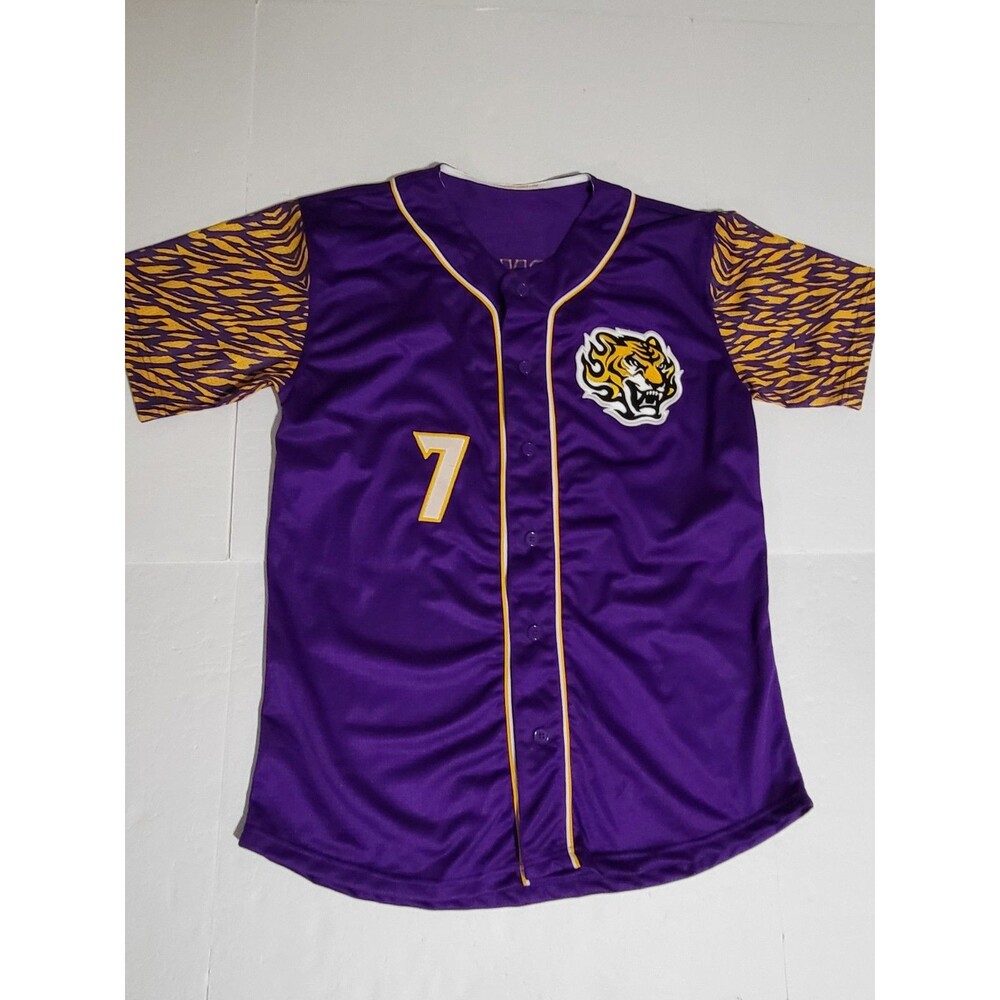 (#4) Tigers Jones Short Sleeve Button Down Jersey #7 PURPLE SIZE WOMEN'S  LARGE